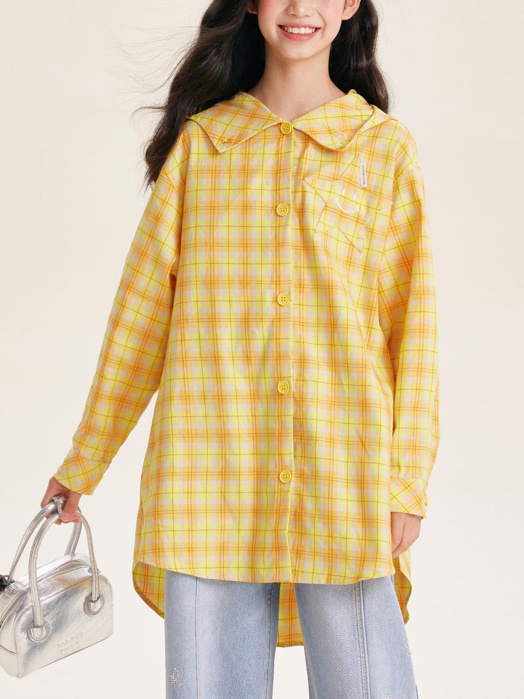Girls Yellow Plaid Long Sleeve Loose Fit Shirt