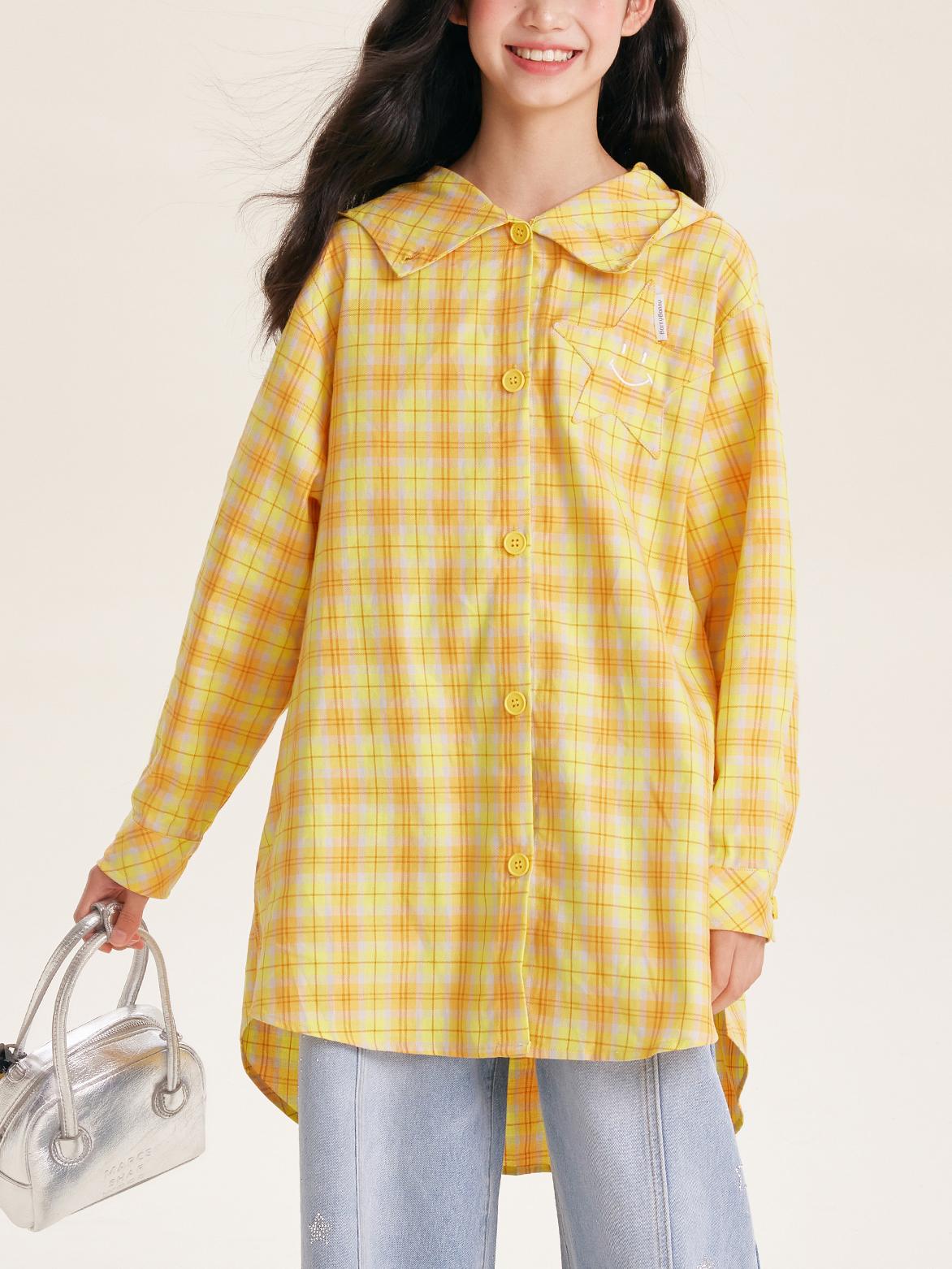 Girls Yellow Plaid Long Sleeve Loose Fit Shirt