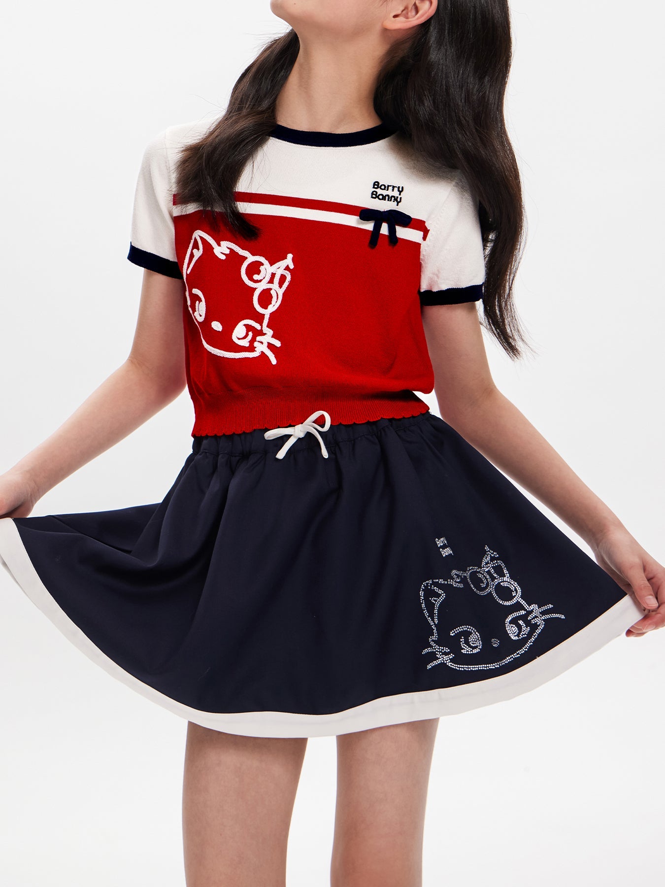 Girls Cat Print Ruffle Hem Skirt with Shorts