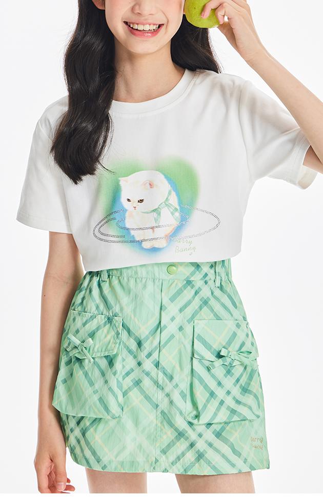 Girls White Cat Print Graphic Short Sleeve T Shirt