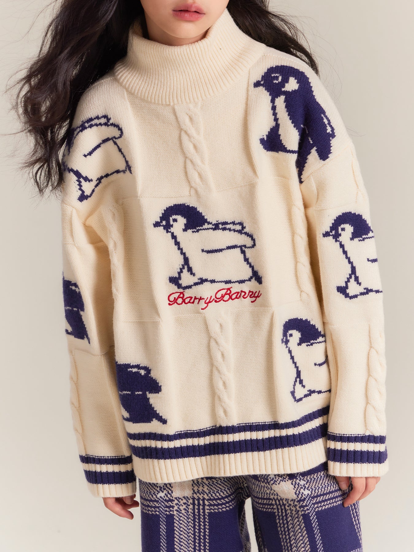 Kids Penguin Knit Sweater & Plaid Trousers Set