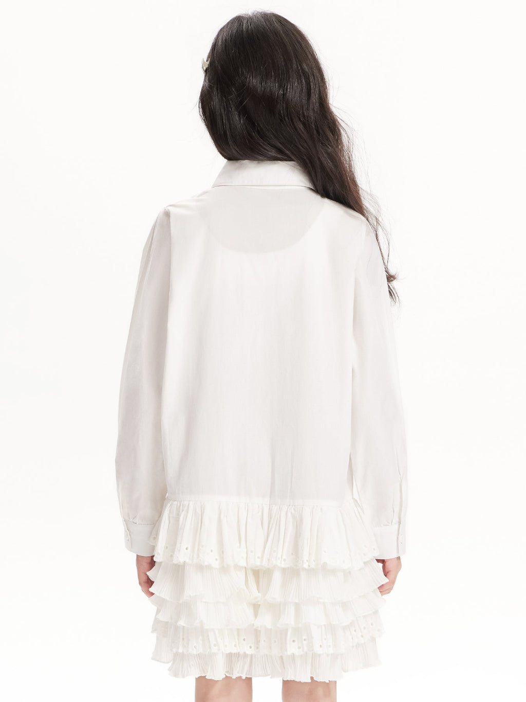 Girls White Ruffle Shirt Dress with Collar and Heart Pocket