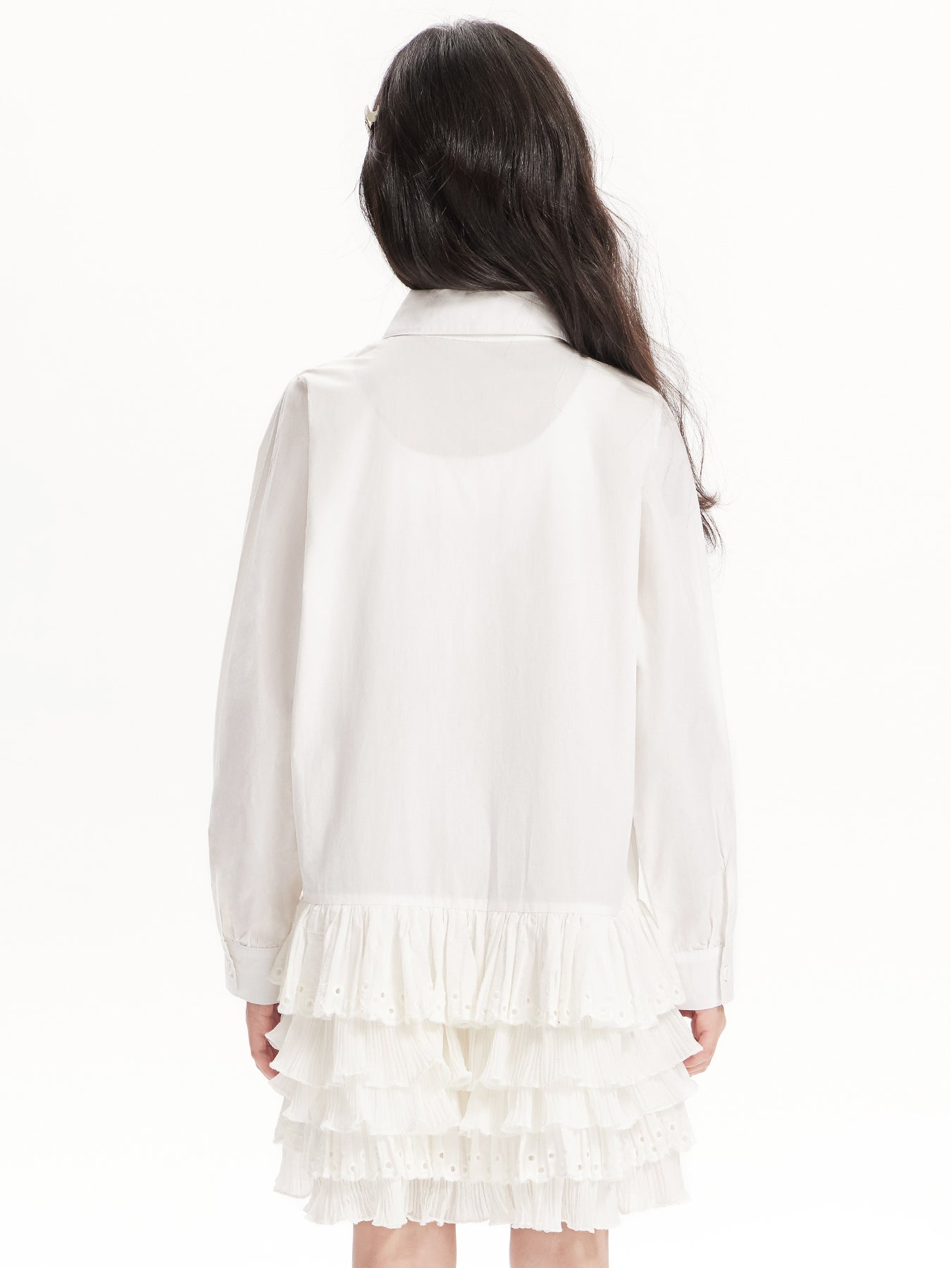 Girls White Ruffle Shirt Dress with Collar and Heart Pocket
