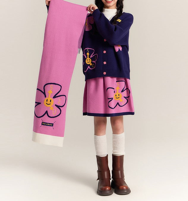 Sunflower Knit Scarf with Smiley Flower Design