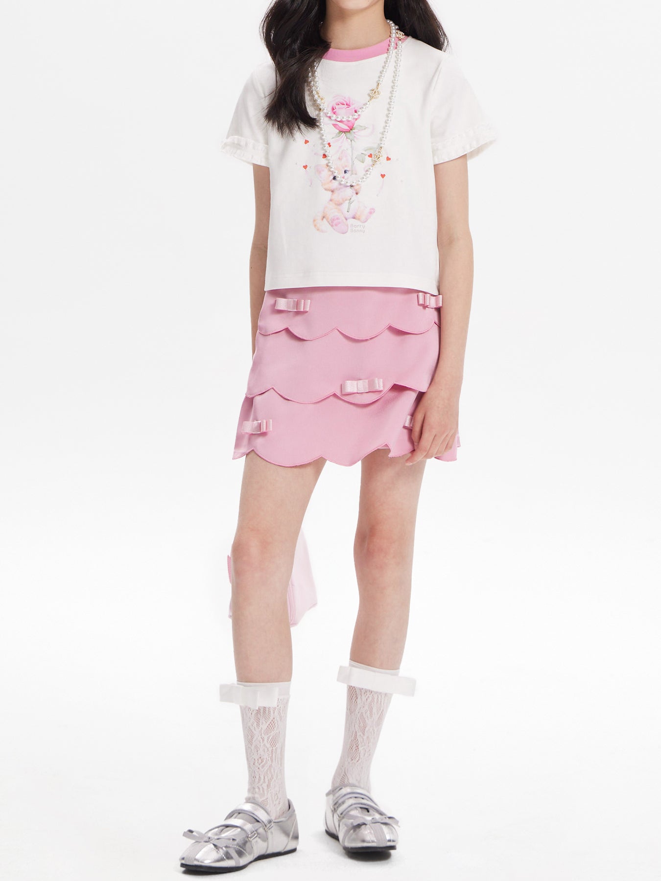 Girls Pink Layered Skirt with Satin Bow Ruffle Hem
