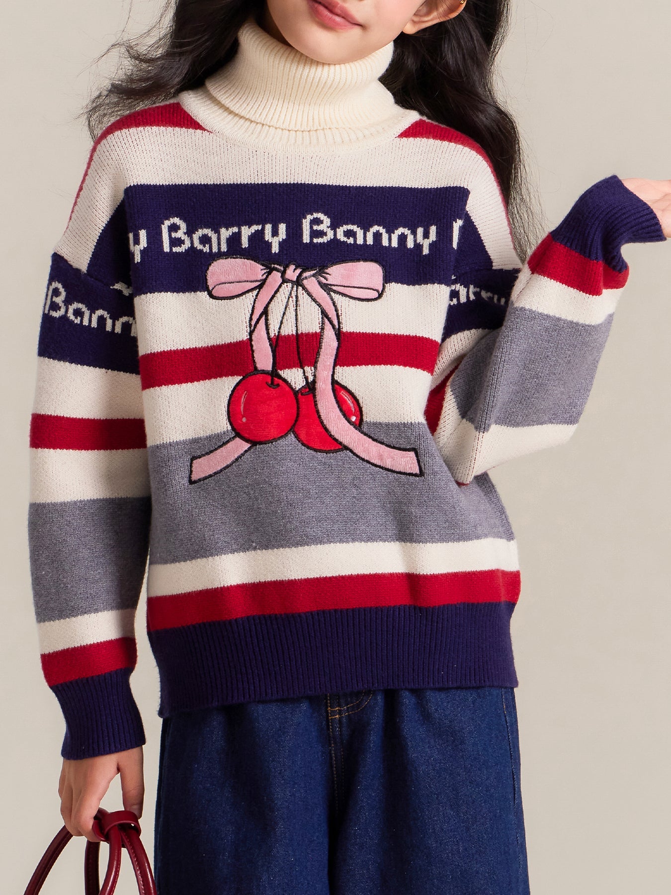 Girls Striped Knit Sweater with Cherry Bow Design
