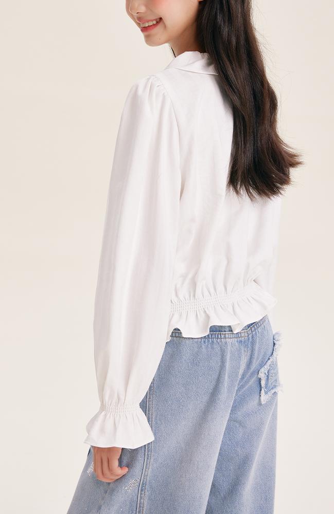 Girls' Cute Ruffle Collar Blouse with Embroidered Bow Detail