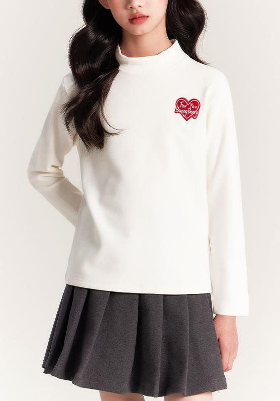 Girls Mock Neck Thermal Top Embroidered Long Sleeve Tee