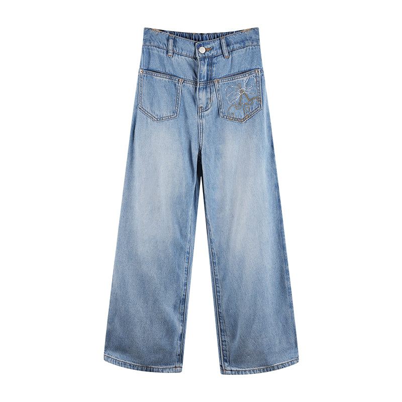 Girls High Waist Butterfly Embroidered Wide Leg Jeans