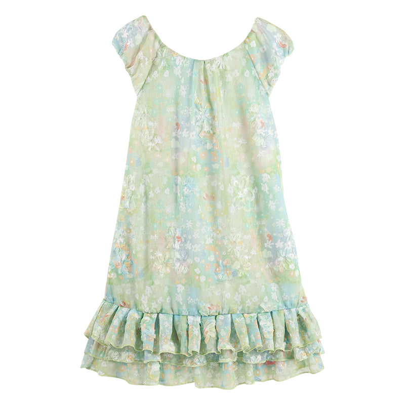 Girls Floral Puff Sleeve Holiday Dress with Scarf