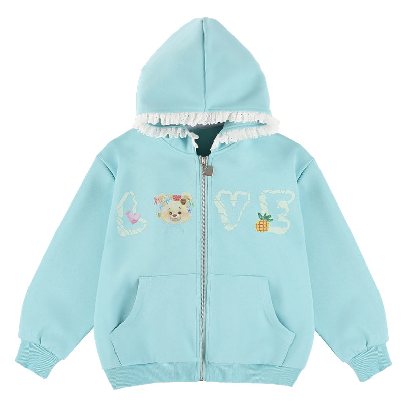 Girls Cartoon Hoodie and Lace Trim Shorts Two-Piece Set