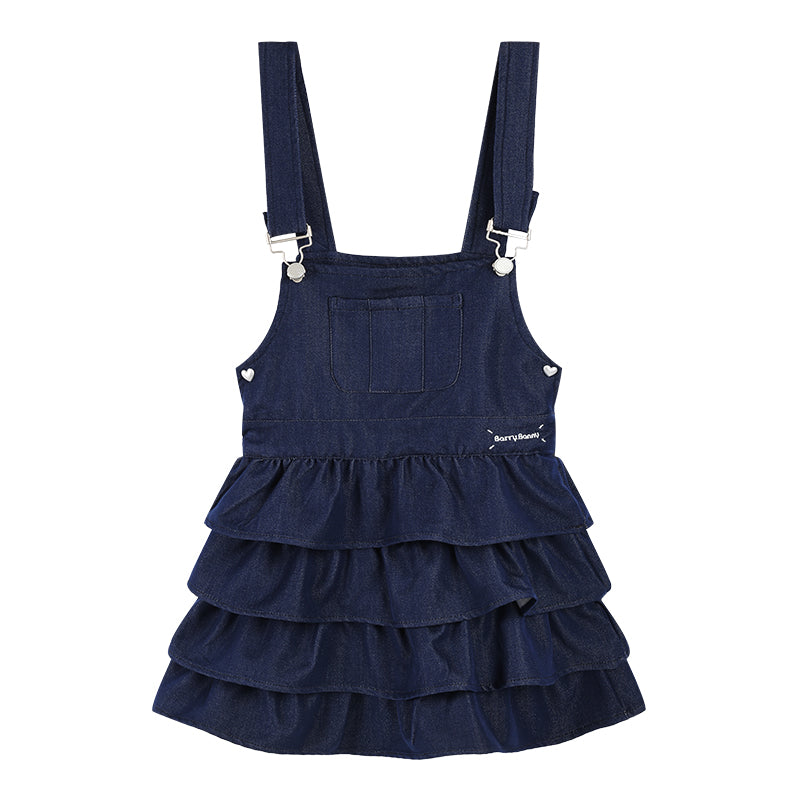Girls Denim Layered Ruffle Overall Dress Adjustable