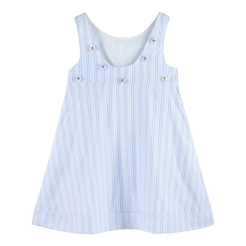 Girls Sleeveless Striped Dress with Floral Embellishments