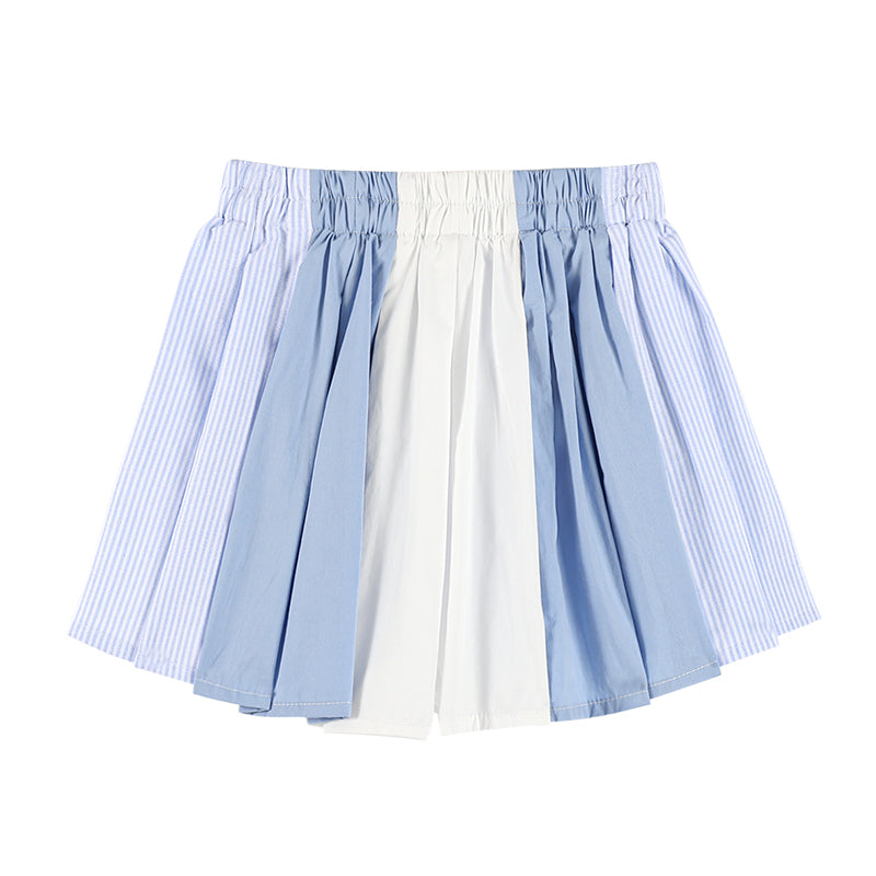 Blue & White Colorblock Pleated Skirt for Girls