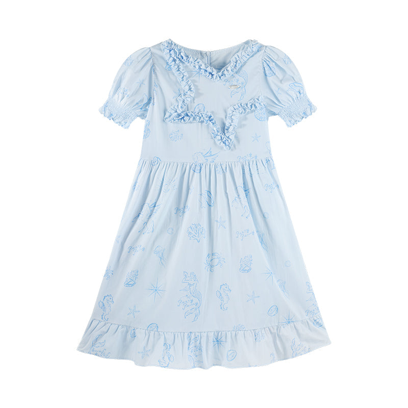 Girls Ruffle Short Sleeve Light Blue Midi Dress