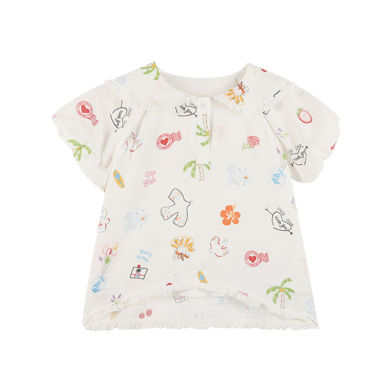 Girls Lace Collar Printed Blouse with Cute Shorts