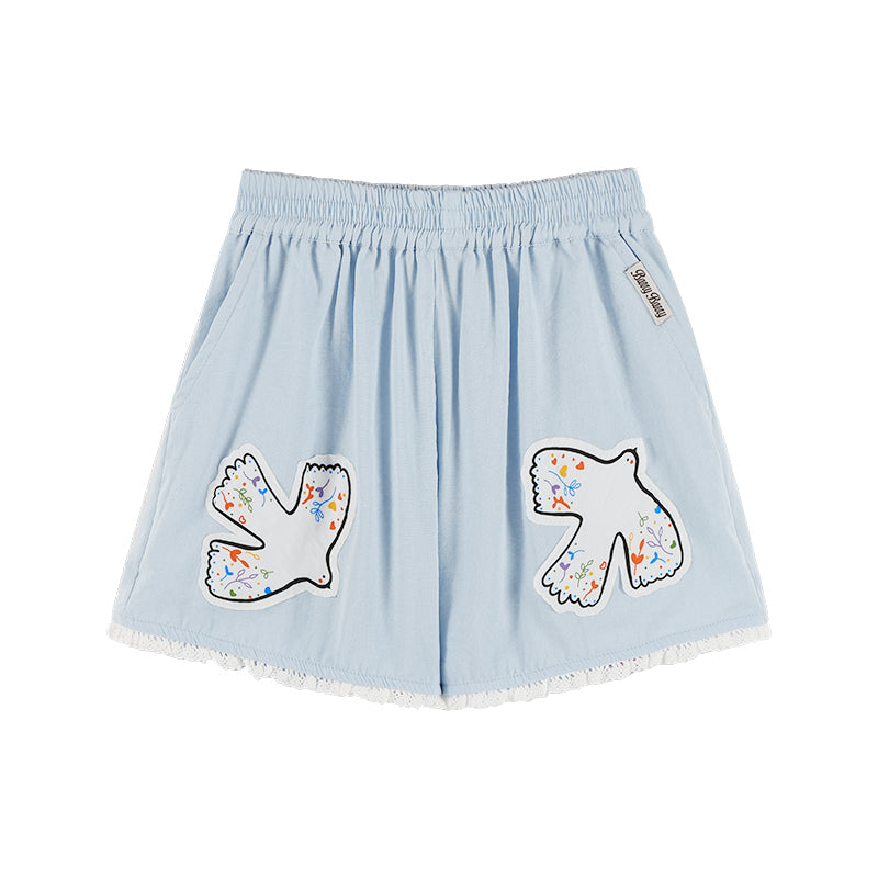 Girls Lace Collar Printed Blouse with Cute Shorts