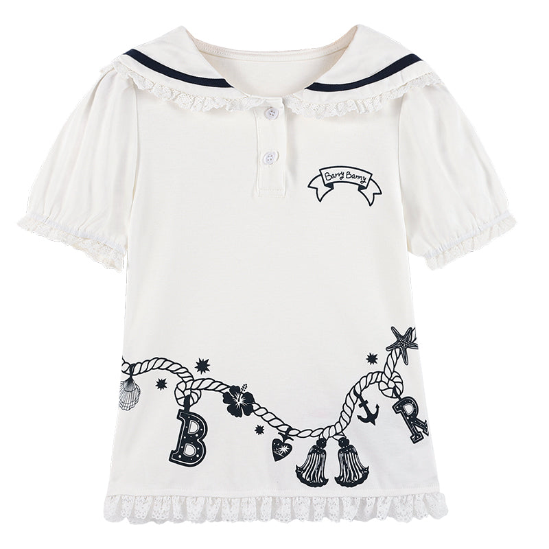 Girls Puff Sleeve Lace Trim Printed Princess T Shirt