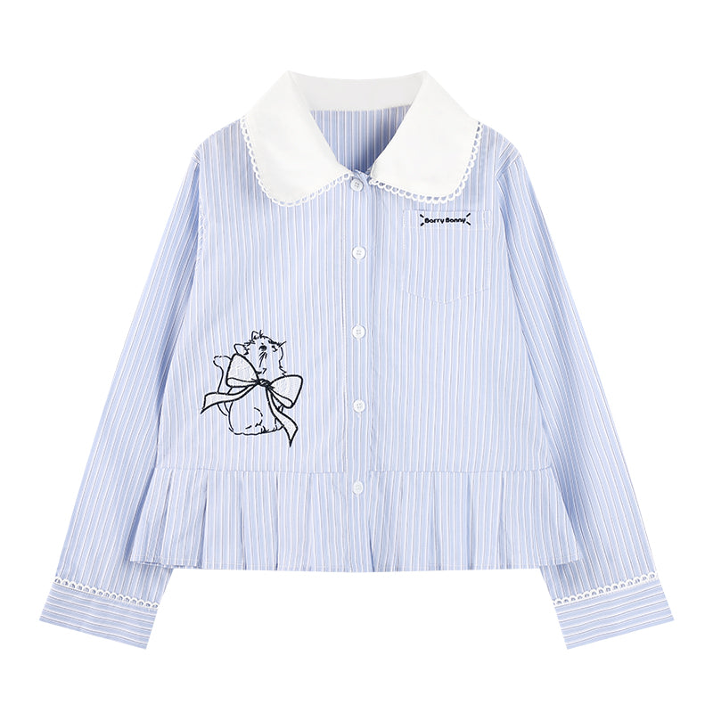Girls Striped Doll Collar Embroidered Cat Set
