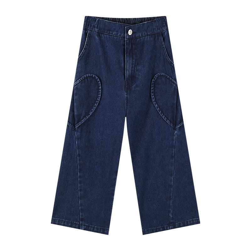 Girls Vintage Embroidered Wide Leg Denim Pants with Pockets