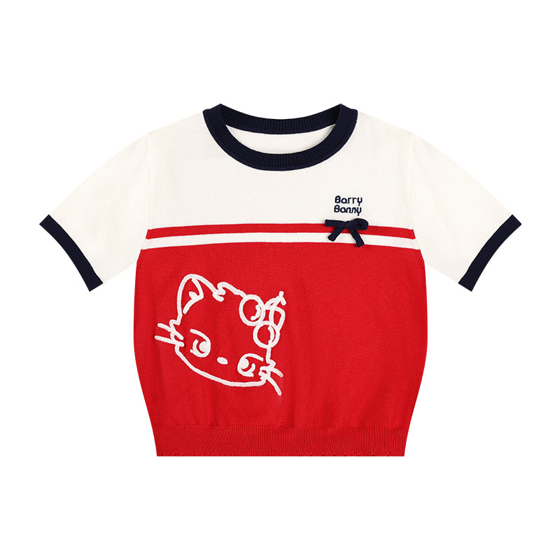 Girls Red Knit Bow Crew Neck Short Sleeve T-Shirt