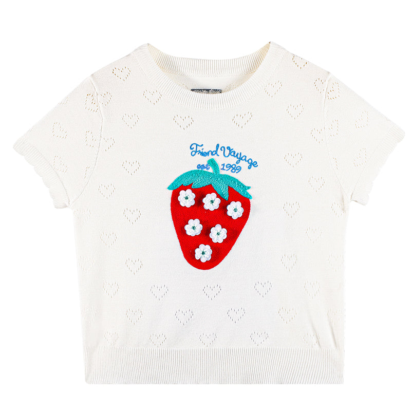 Girls Strawberry Knit T-Shirt Summer Short Sleeve Top