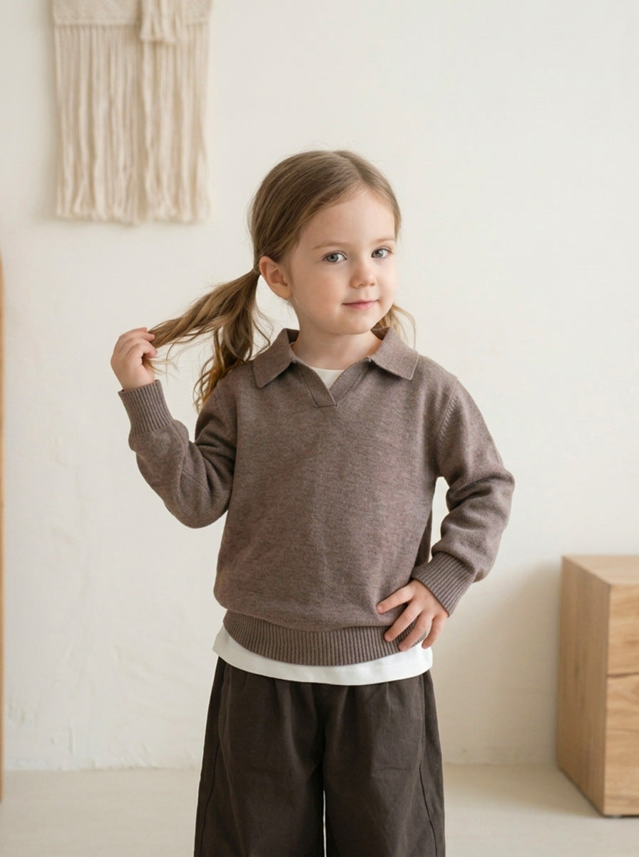 Kids Collared Polo Knit Sweater Boys Girls V Notch Long Sleeve Soft Knitted Pullover Top