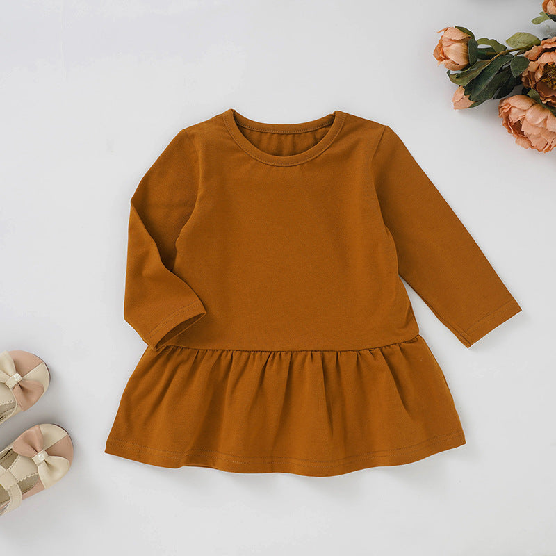 Girls Long Sleeve Ruffle Hem Dress Toddler Crew Neck Solid Color Casual Fall Play Dress