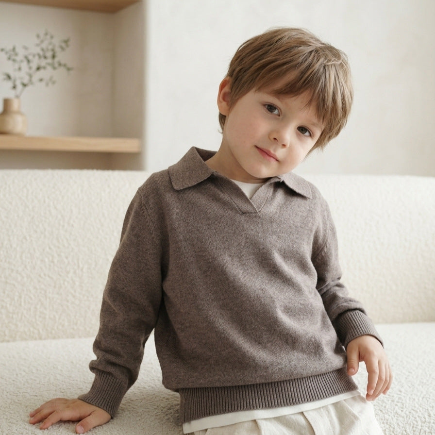 Kids Collared Polo Knit Sweater Boys Girls V Notch Long Sleeve Soft Knitted Pullover Top