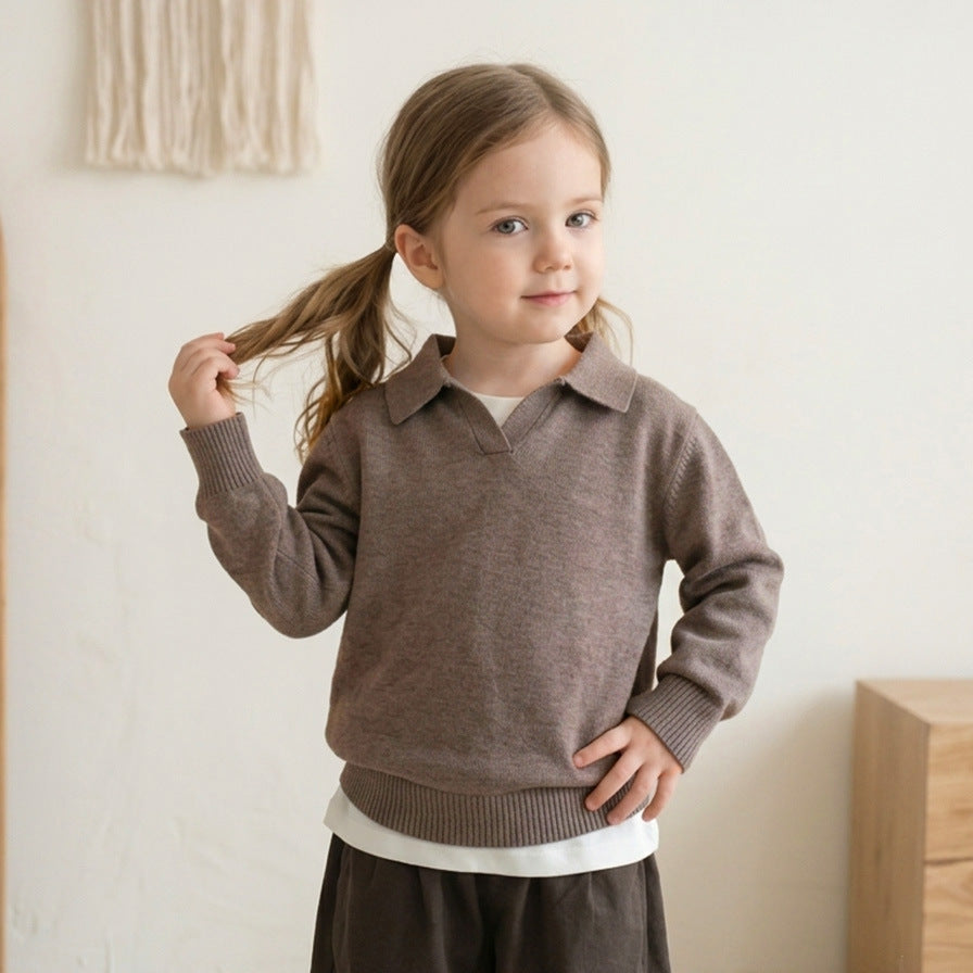Kids Collared Polo Knit Sweater Boys Girls V Notch Long Sleeve Soft Knitted Pullover Top