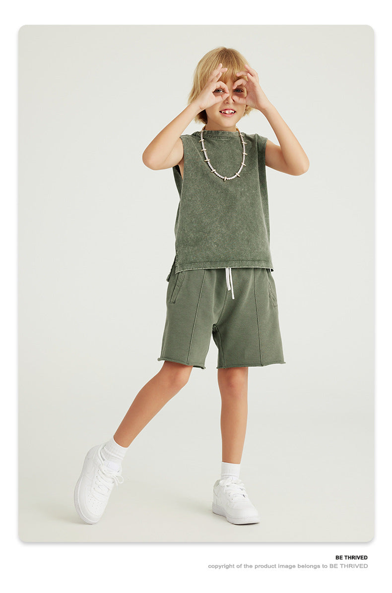 Kids Acid Wash Sleeveless Tank Top Boys Girls Vintage Crew Neck Cotton Casual Summer Vest