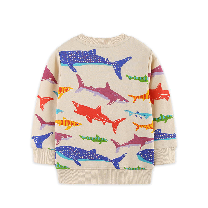 Kids Colorful Shark Print Crew Neck Sweatshirt Boys Girls Long Sleeve Casual Pullover Top
