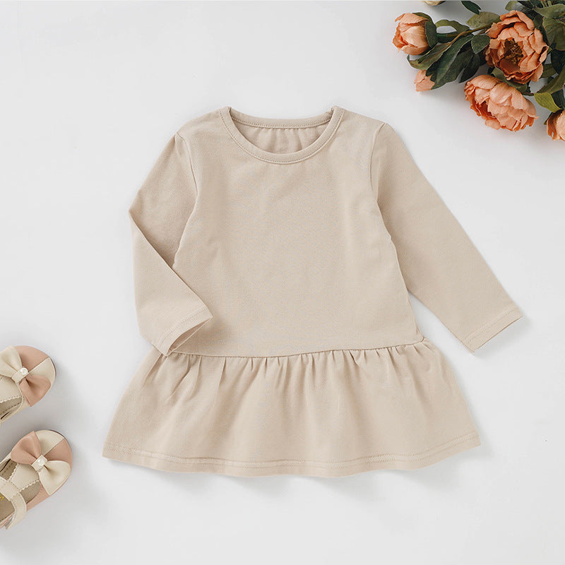 Girls Long Sleeve Ruffle Hem Dress Toddler Crew Neck Solid Color Casual Fall Play Dress