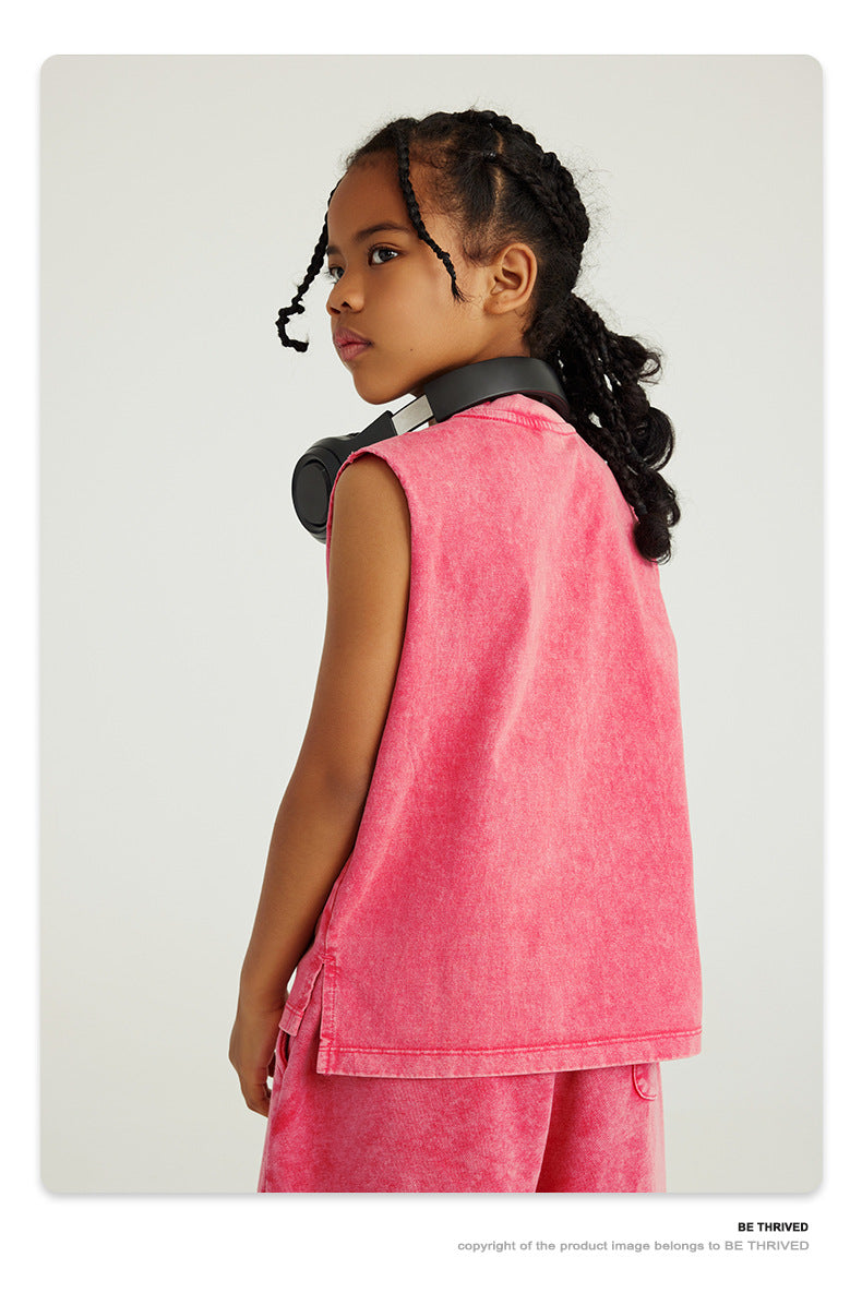 Kids Acid Wash Sleeveless Tank Top Boys Girls Vintage Crew Neck Cotton Casual Summer Vest