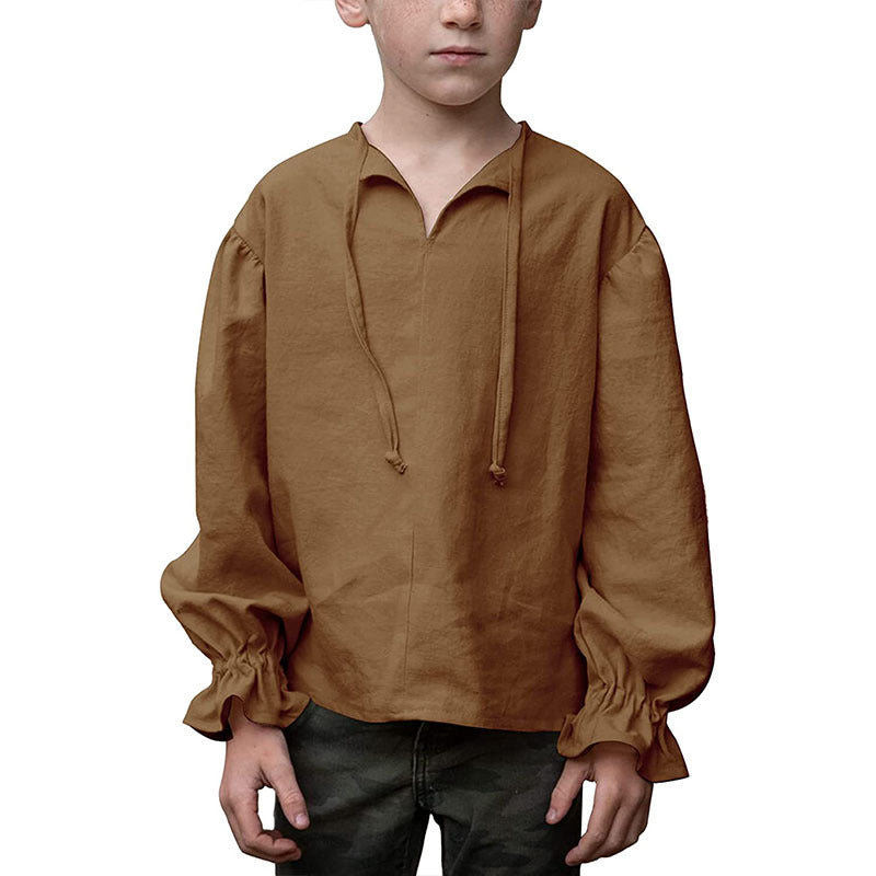 Kids V Neck Tie Collar Linen Shirt Boys Girls Long Sleeve Puff Sleeve Ruffle Cuffs Casual Blouse