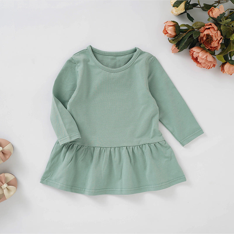 Girls Long Sleeve Ruffle Hem Dress Toddler Crew Neck Solid Color Casual Fall Play Dress
