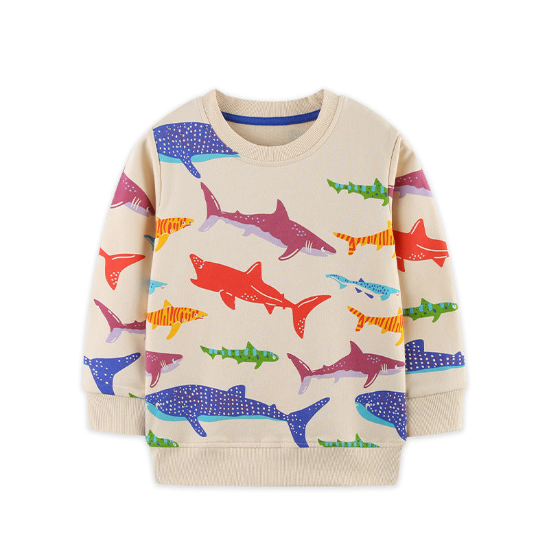 Kids Colorful Shark Print Crew Neck Sweatshirt Boys Girls Long Sleeve Casual Pullover Top