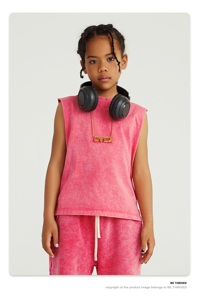 Kids Acid Wash Sleeveless Tank Top Boys Girls Vintage Crew Neck Cotton Casual Summer Vest