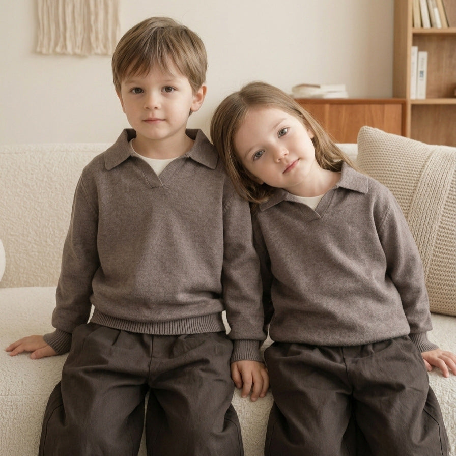 Kids Collared Polo Knit Sweater Boys Girls V Notch Long Sleeve Soft Knitted Pullover Top