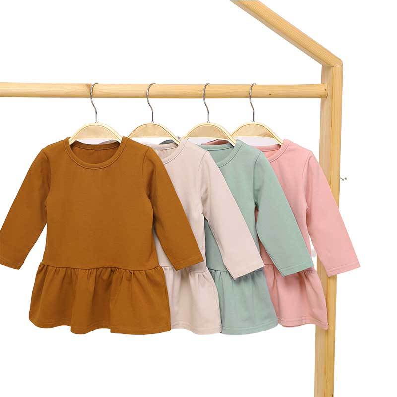 Girls Long Sleeve Ruffle Hem Dress Toddler Crew Neck Solid Color Casual Fall Play Dress