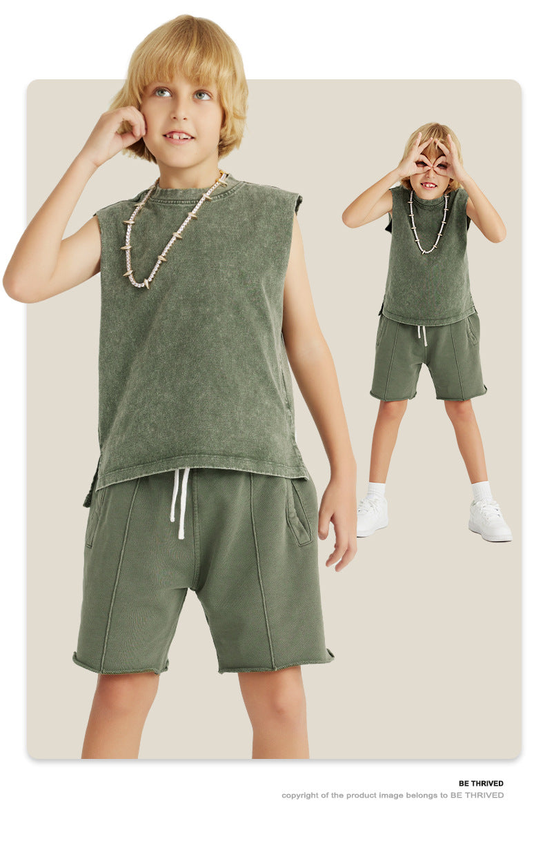 Kids Acid Wash Sleeveless Tank Top Boys Girls Vintage Crew Neck Cotton Casual Summer Vest
