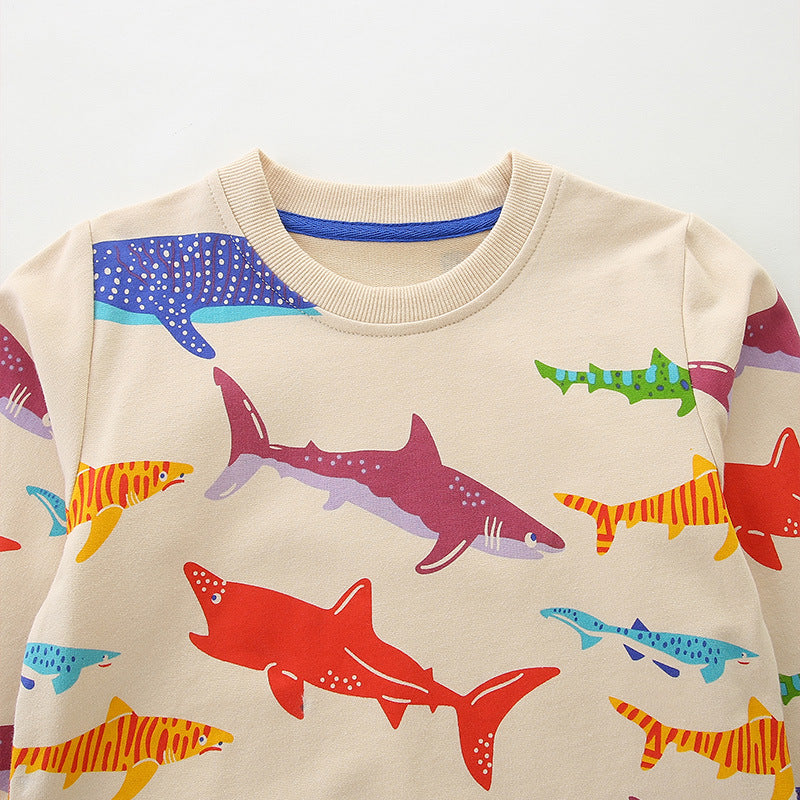 Kids Colorful Shark Print Crew Neck Sweatshirt Boys Girls Long Sleeve Casual Pullover Top