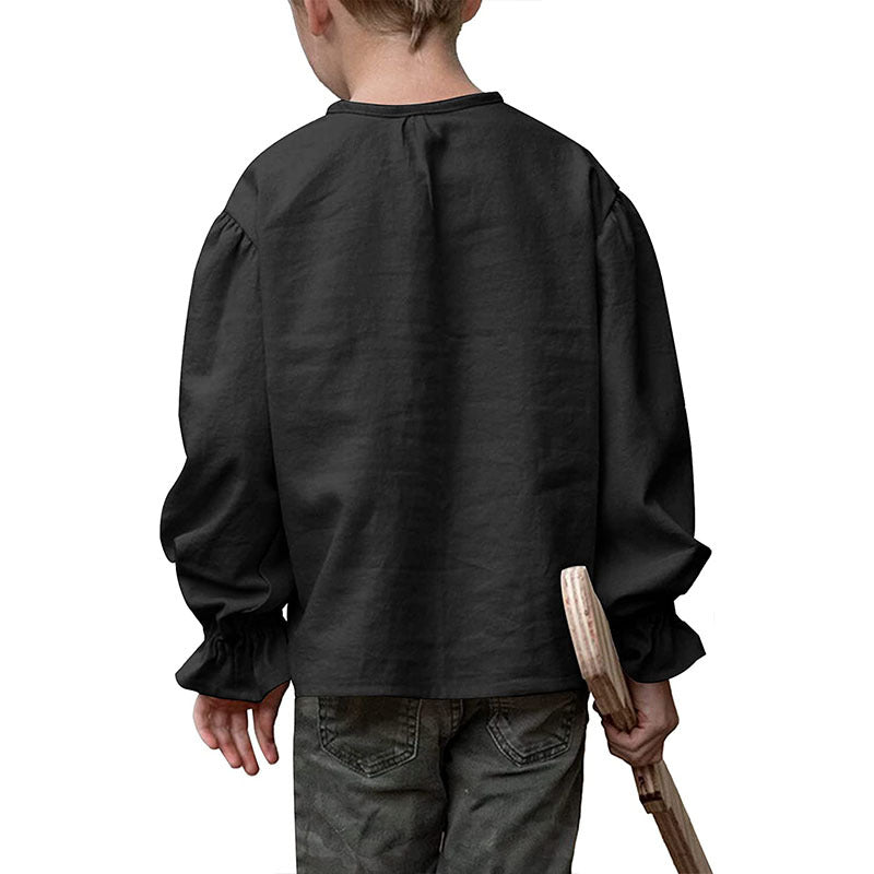 Kids V Neck Tie Collar Linen Shirt Boys Girls Long Sleeve Puff Sleeve Ruffle Cuffs Casual Blouse
