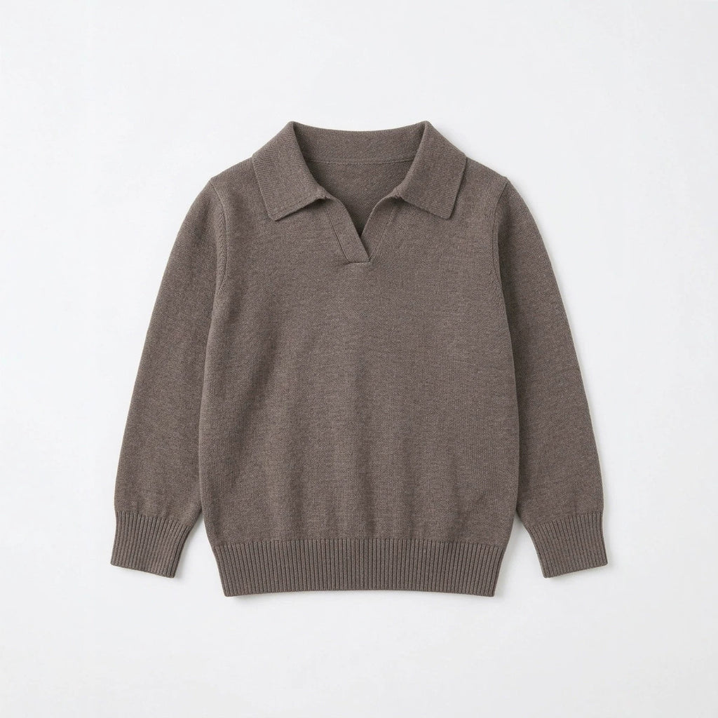 Kids Collared Polo Knit Sweater Boys Girls V Notch Long Sleeve Soft Knitted Pullover Top