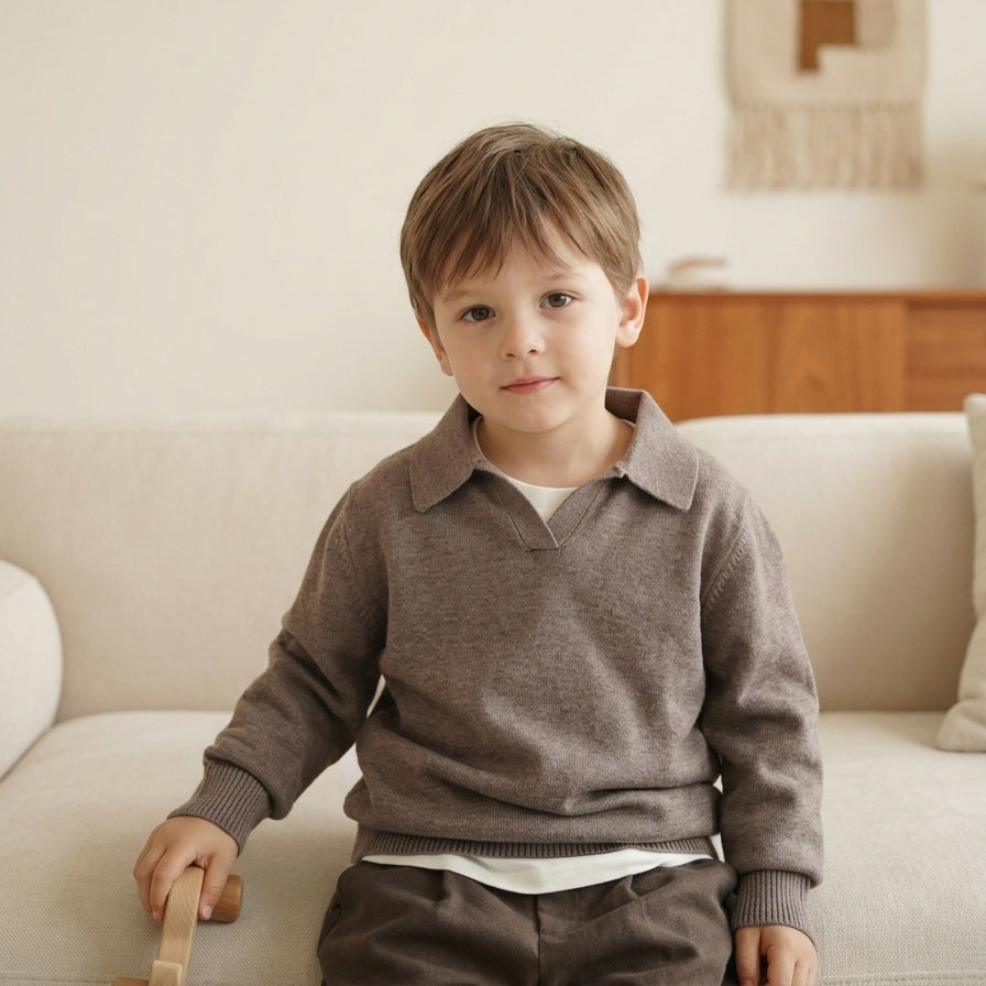 Kids Collared Polo Knit Sweater Boys Girls V Notch Long Sleeve Soft Knitted Pullover Top