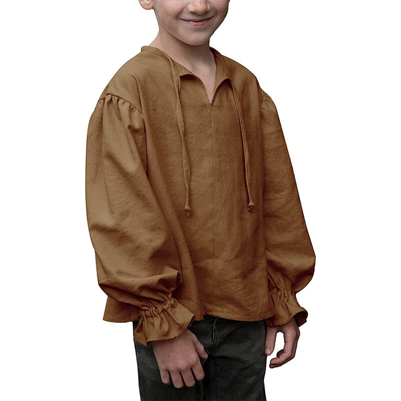 Kids V Neck Tie Collar Linen Shirt Boys Girls Long Sleeve Puff Sleeve Ruffle Cuffs Casual Blouse