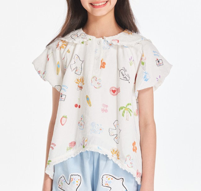 Girls Lace Collar Printed Blouse with Cute Shorts