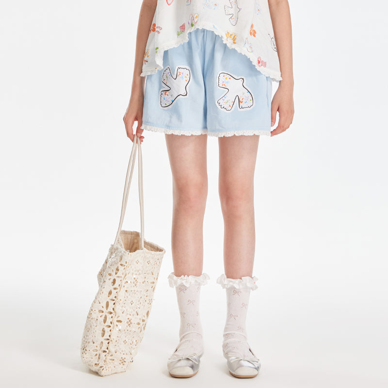 Girls Lace Collar Printed Blouse with Cute Shorts