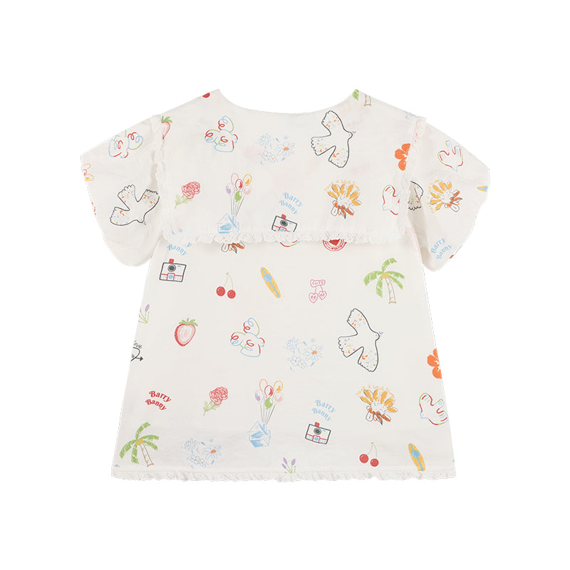 Girls Lace Collar Printed Blouse with Cute Shorts
