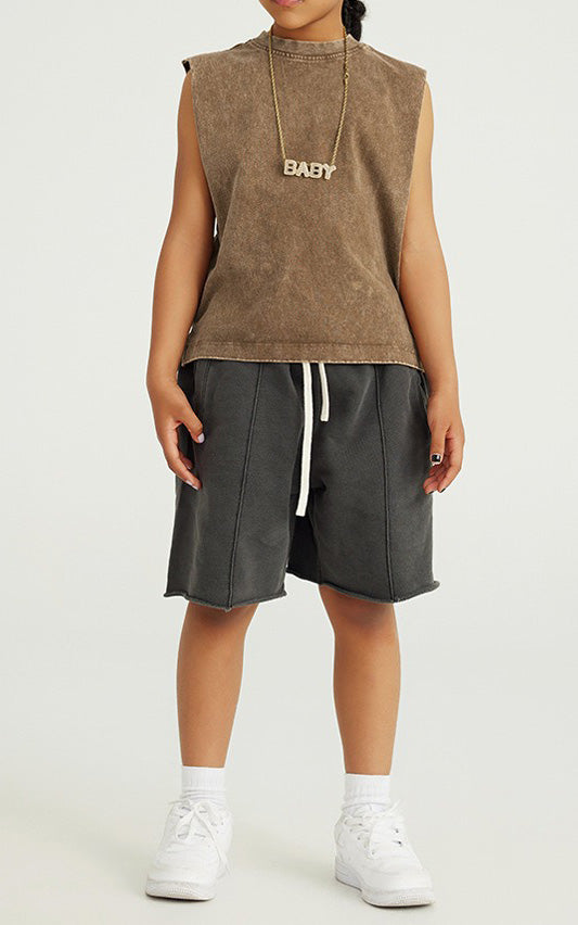 Kids Acid Wash Sleeveless Tank Top Boys Girls Vintage Crew Neck Cotton Casual Summer Vest